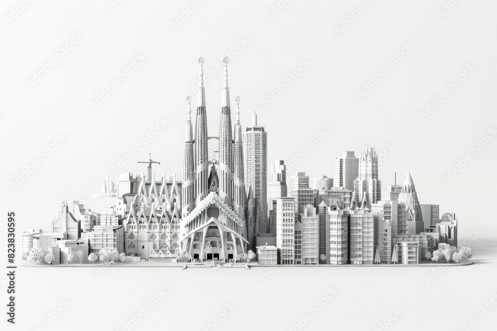 Fototapeta premium Skyline of the city of Barcelona with Sagrada Familia, 3D on isolated on white background.