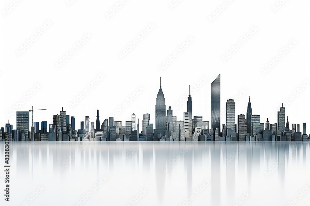 City skyline of a big city with its own reflection, 3D, white background.