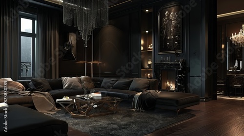 black and golden themed living room interior - beautiful combination for black lovers