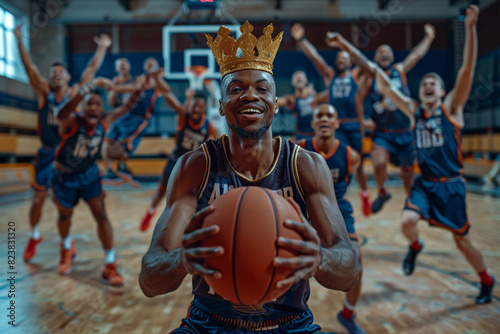 a male basketball player with a ball in his hands and a crown on his head stands on the sports field in the hall