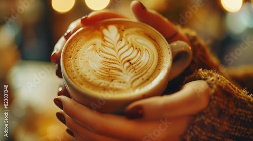 The close up picture of the person is holding the cup of latte art coffee by their own hand inside the room for the relaxation with the coffee that has been draw on the surface with the milk. AIG43.