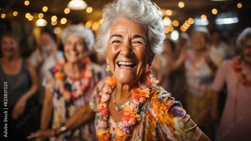 Vibrant senior woman laughing and dancing with friends at a lively party celebration