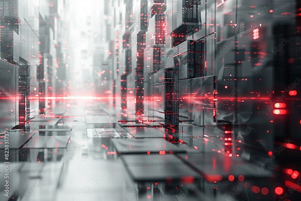 Obraz premium A futuristic cityscape emerges from an ethereal fog, sunlight filtering through, illuminating complex metal buildings with glass walls. Orange light particles dance in the mist.