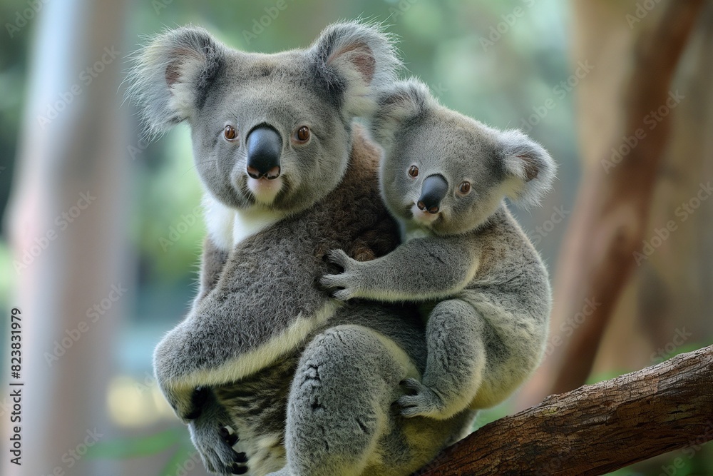 Fototapeta premium Koala bear with a baby on its back, photographed in the Australian forest. Cute animal portrait, natural greenery in the background. Horizontal. Space for copy. 