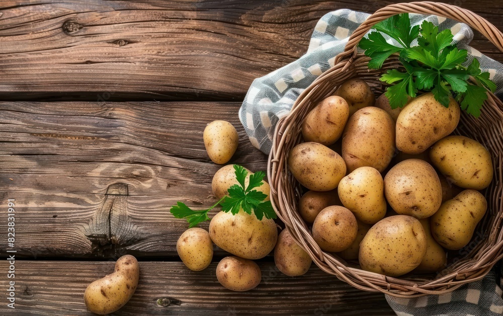 Basket of Fresh Potatoes on Wooden Background Basket of Fresh Potatoes on Wooden Background