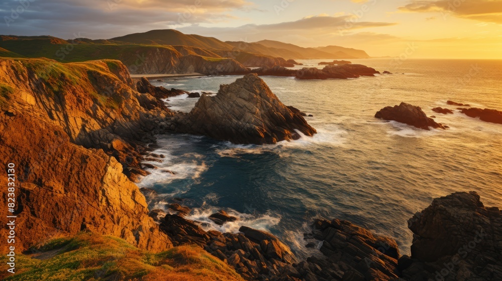 Coastal cliffs aglow with golden sunlight. Coastal cliffs aglow with golden sunlight.