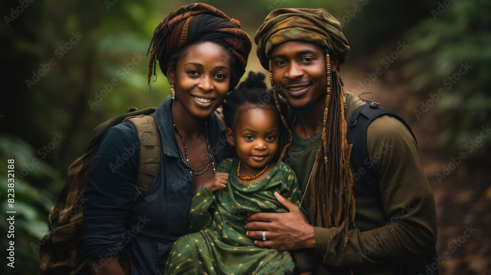 Fototapeta premium A happy family of three embracing, surrounded by greenery, exuding warmth and unity