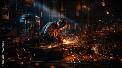 An industrial scene showing a worker skillfully welding metal parts, with intense sparks radiating a warm glow