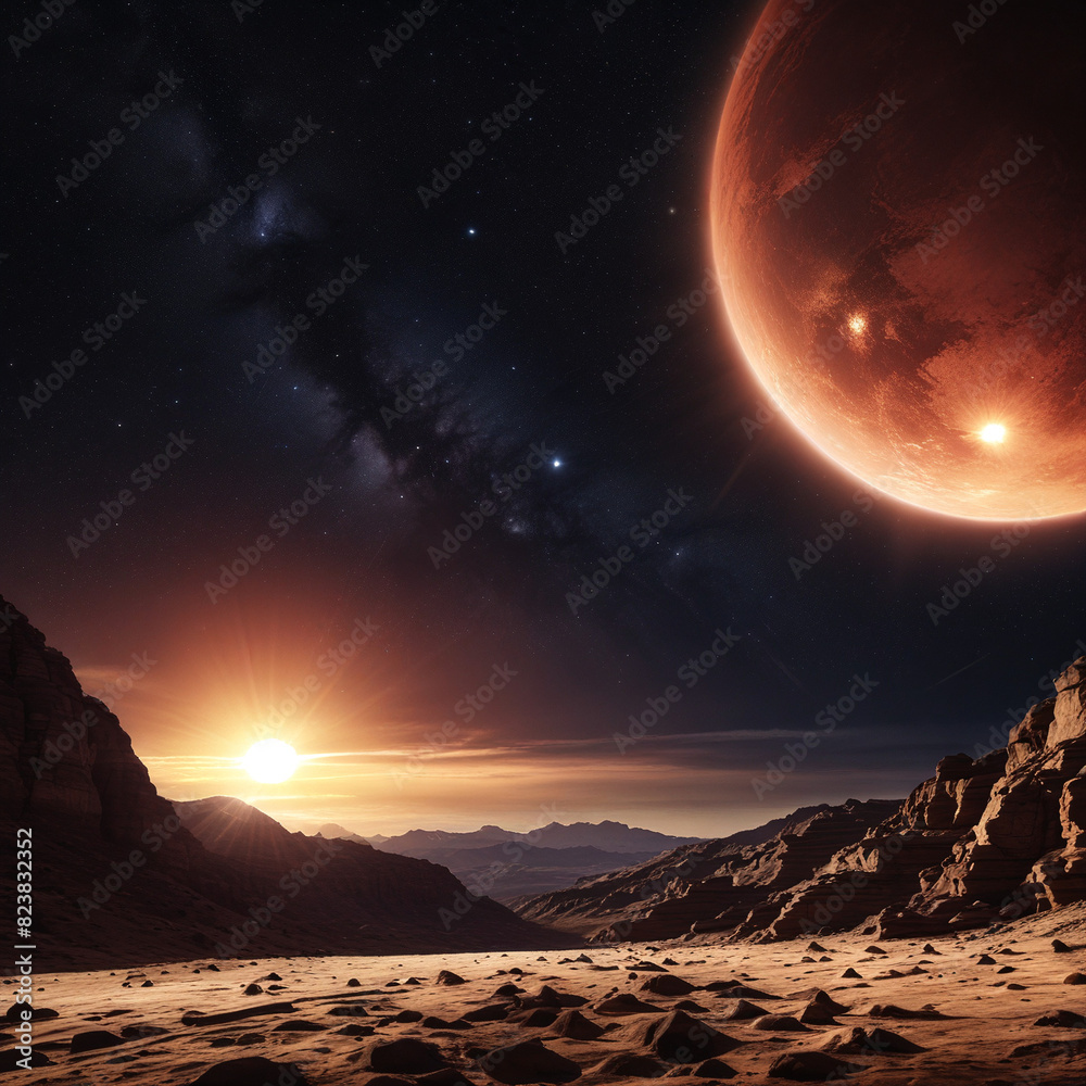 Nature on another planet at sunset. View at sunset with two suns. Intended for commercial and personal use, desktop wallpaper, printable.