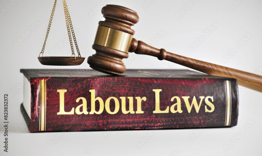 A book with the word Labour Laws on it and an industrial gavel, indicating workers' rights