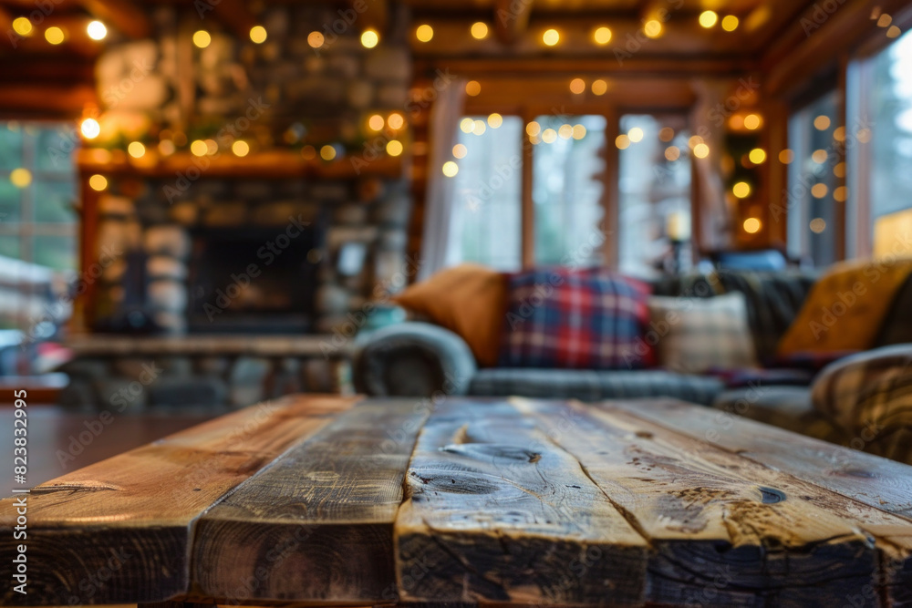A wooden coffee table in the foreground with a blurred background of a rustic cabin living room. The background features a stone fireplace, cozy couches with plaid blankets and wooden beams A wooden coffee table in the foreground with a blurred background of a rustic cabin living room. The background features a stone fireplace, cozy couches with plaid blankets and wooden beams