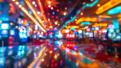 Colorful casino interior with vibrant lights and gaming tables creating a lively atmosphere
