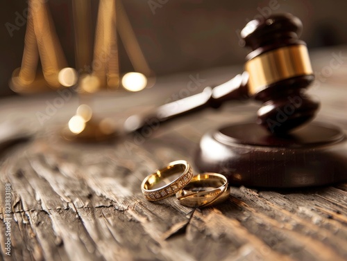 A gavel and wedding rings on the table, with a couple sitting at a desk doing document signing in the background
