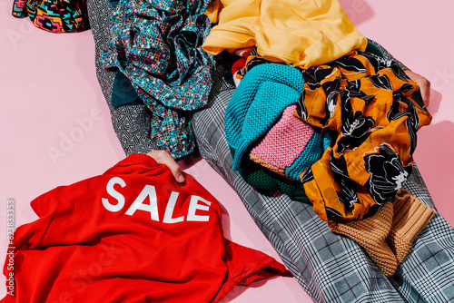 man covered by a pile of clothes grabs a shirt with the word sale