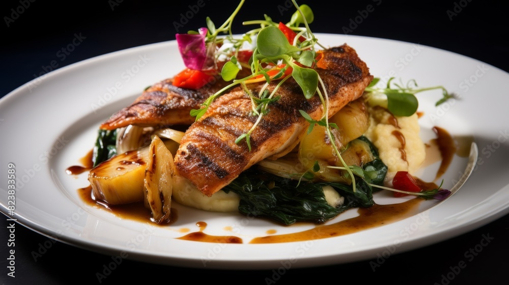 Stunningly plated seafood entree with accompaniments