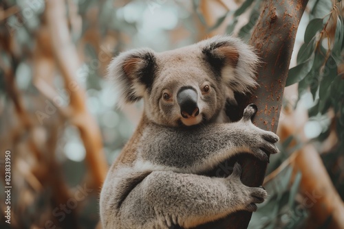 Koala bear in the Australian bush, sitting on a eucalyptus tree branch. Cute animal portrait, natural greenery in the background. Horizontal. Space for copy.