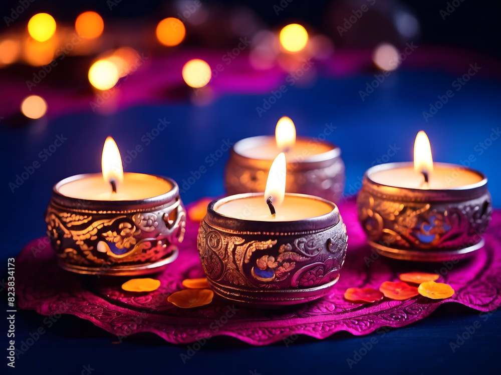 Tea light candles decorated in the Diwali festival design.