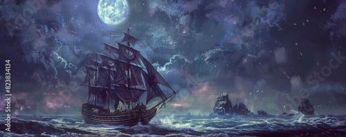 A tall ship with black sails sailing in the ocean at night photo