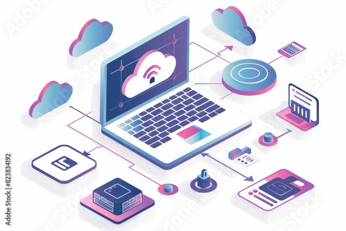 Isometric illustration of a secure digital workspace with cloud storage  laptops  and padlocks.