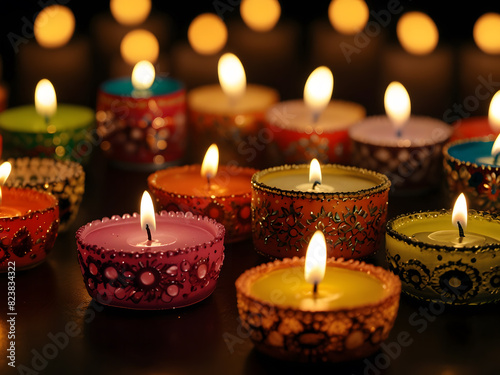 Tea light candles decorated in the Diwali festival design.