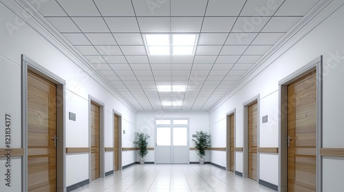light and shadow in a modern office hallway  highlighting the contrast between the white walls and the light gray floor