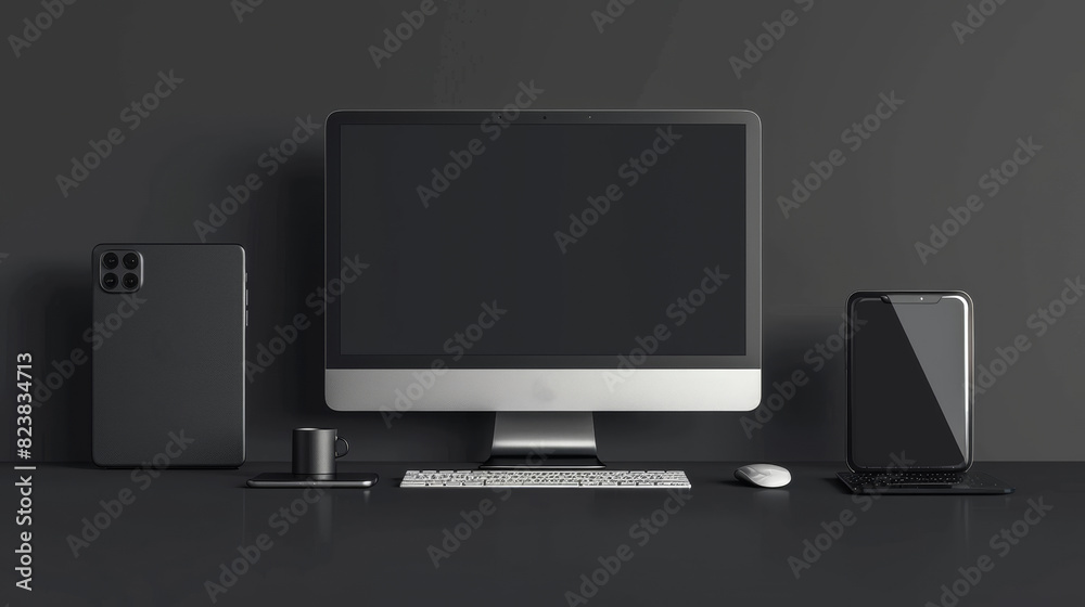 Computer and smartphone on wooden table in modern office Computer and smartphone on wooden table in modern office