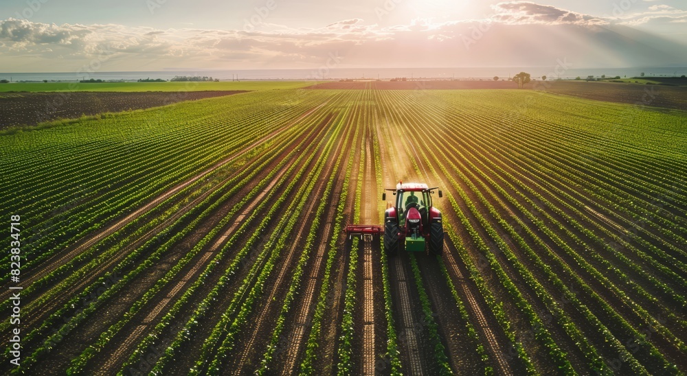 A tractor plows the field, viewed from above, with bright sunlight shining on it and green crops growing in rows around it A tractor plows the field, viewed from above, with bright sunlight shining on it and green crops growing in rows around it