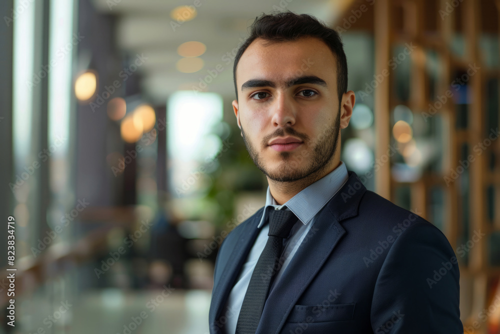 Fototapeta premium Confident Arab businessman wearing business suit in office workspace. Successful male business person portrait