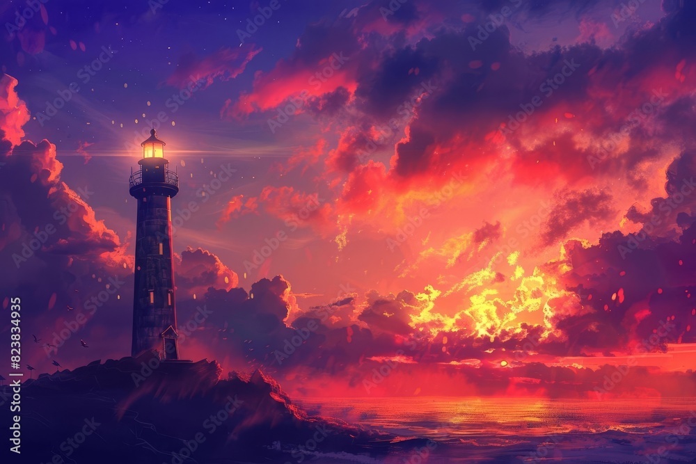 atmospheric lighthouse standing tall against a breathtaking sunset sky digital illustration