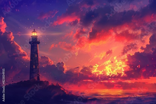 atmospheric lighthouse standing tall against a breathtaking sunset sky digital illustration
