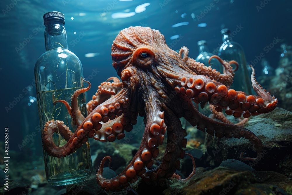 An octopus holding a plastic bottle. environmental protection concept An octopus holding a plastic bottle. environmental protection concept
