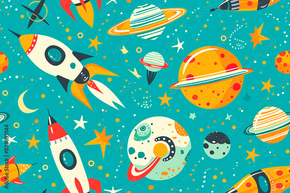 Fototapeta premium Seamless pattern with cheerful space rockets and planets, perfect for children’s designs and space themes. This fun pattern adds a touch of adventure and imagination.