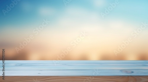 A wooden table surface with a vibrant and blurred backdrop, Empty wooden table background, product display montage,Background with empty bokeh wooden table. For designers and advertising banner