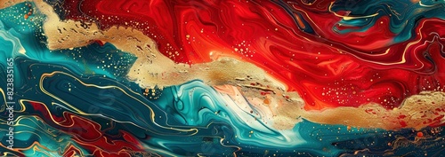 Red, turquoise and gold abstract art with fluid lines and shimmering metallic textures