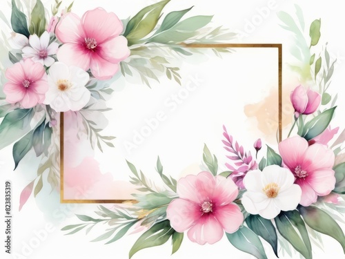 Abstract  watercolor floral composition with delicate pink and white small flowers around inner  frame,  for greeting card, with  copy space