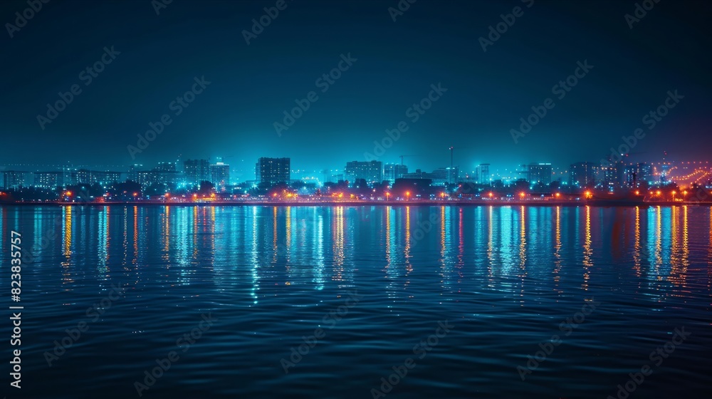 Cityscape at night with reflections in water under a dark sky Cityscape at night with reflections in water under a dark sky