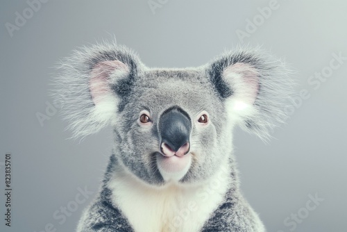 Close-up portrait of a koala laughing with its mouth open, funny animal studio photography. The animal is isolated against a grey background. Horizontal. Space for copy. 