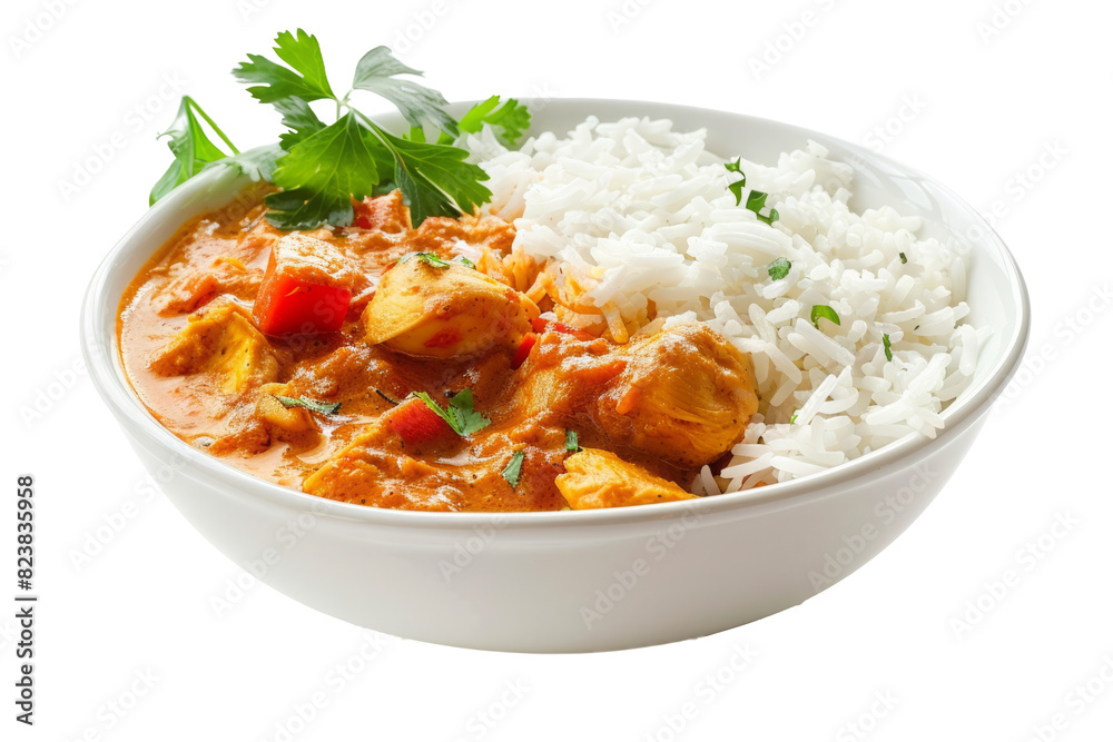 Tikka masala curry chicken served over rice in bowl isolated on white background. Traditional Indian food