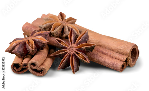 Collection of anise and cinnamon isolated over white background
