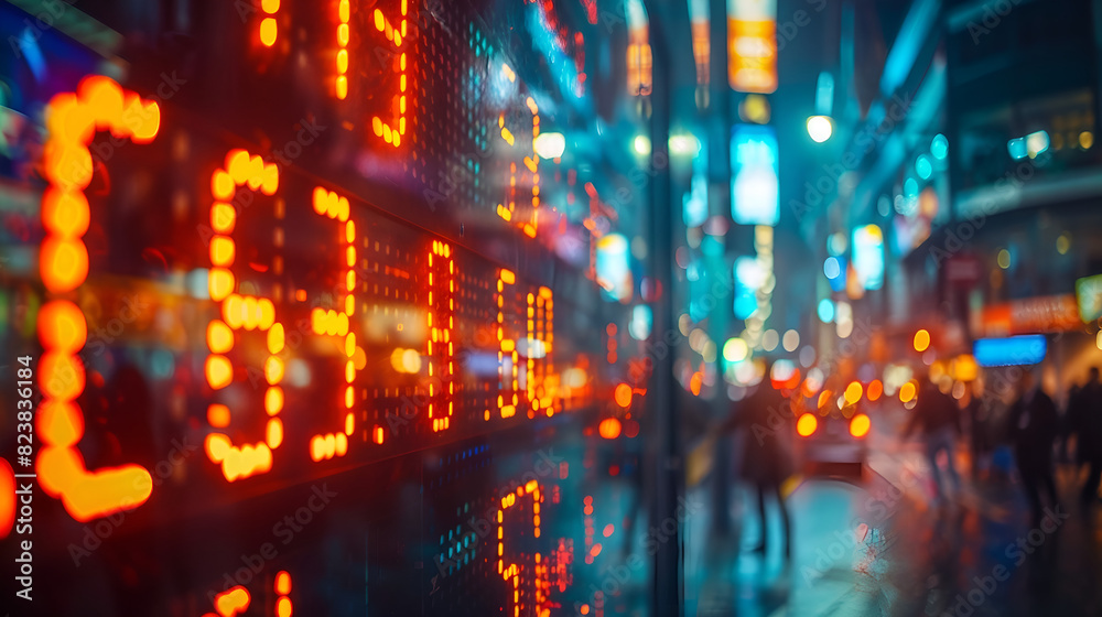 The image displays a stock market board with numbers and letters glowing in red and blue. The background features a blurred cityscape with pedestrians and street lights
