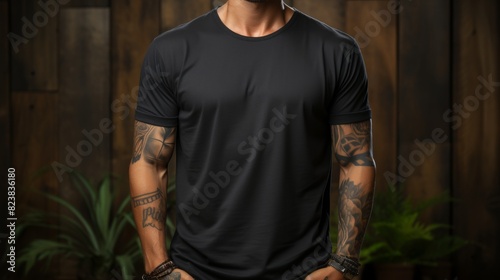 Handsome tattooed man in black t-shirt on wooden background