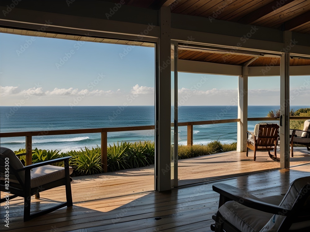 Cozy beach house with a deck and ocean views, generative AI Cozy beach house with a deck and ocean views, generative AI
