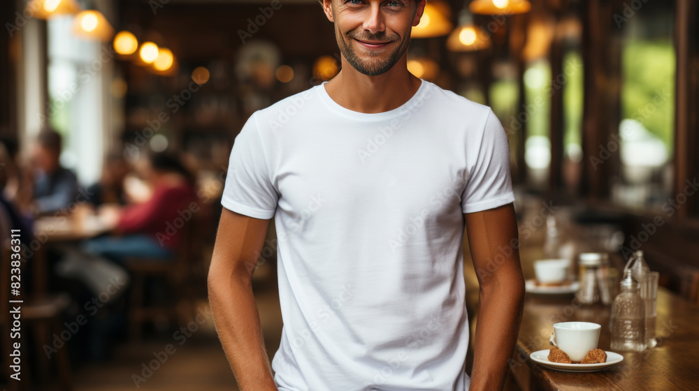 Cropped image of handsome young man in white t-shirt standing in cafe