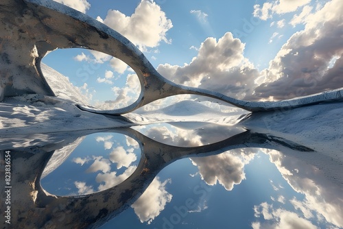Surreal Geometrical Landscape Reflecting Clouds and Sky in Paradoxical Twist