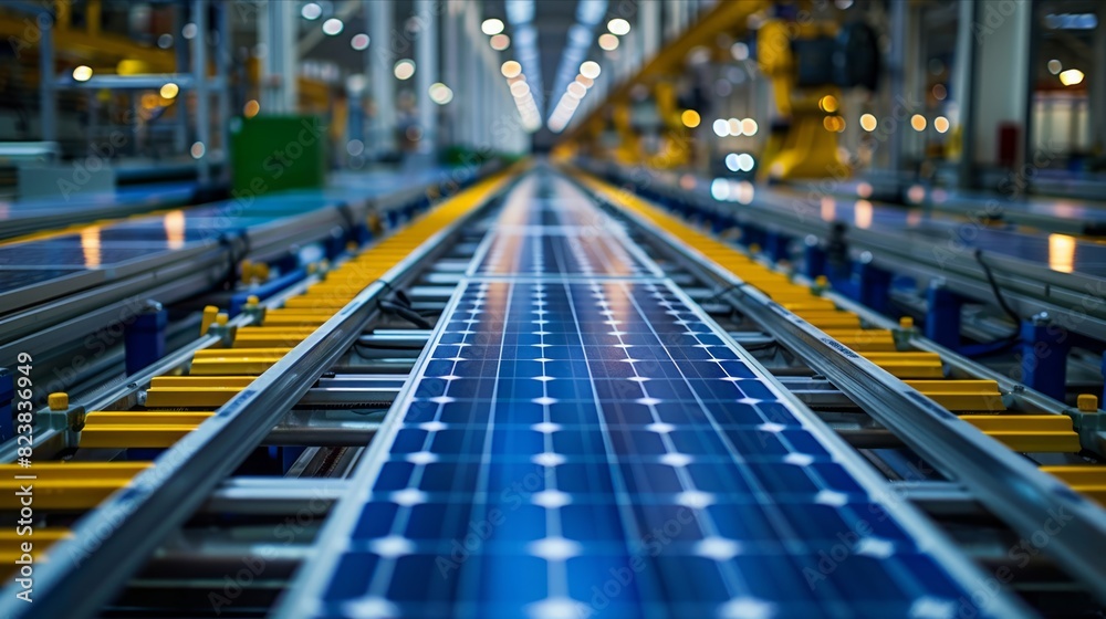High-tech factory conveyor assembling blue solar panels for renewable energy High-tech factory conveyor assembling blue solar panels for renewable energy