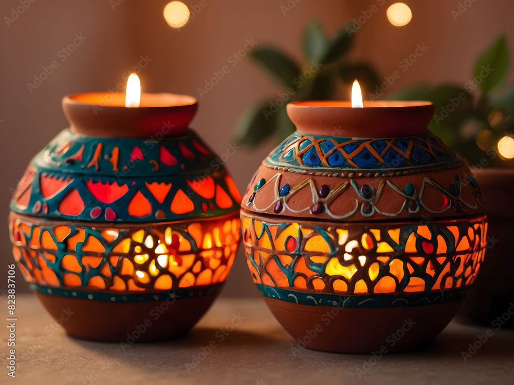 a round terracotta Diwali lamp painted in festive hues design. a round terracotta Diwali lamp painted in festive hues design.