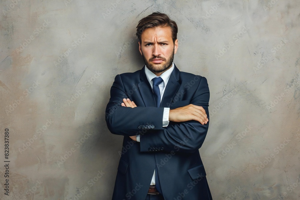 Confused businessman in pain surprised by digital innovation Confused businessman in pain surprised by digital innovation