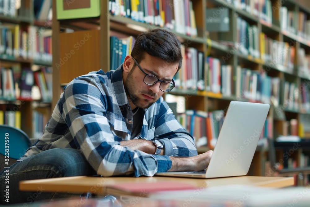 College student in library experiencing bad digital pain College student in library experiencing bad digital pain