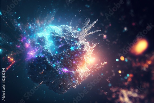 Abstract cosmic explosion with vibrant lights and energy bursts photo