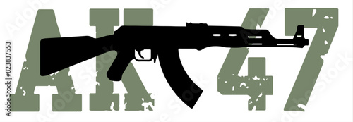 ilustración vectorial de un arma ak - 47 con su nombre con letra estilo militar